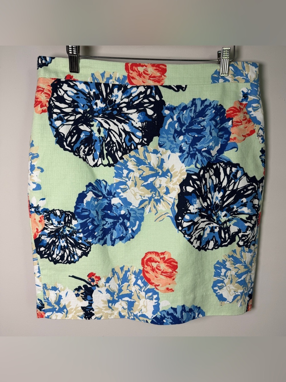 J.Crew Pencil Skirt Size 10P Petite Floral Cotton Mint Green Navy Coral Lined